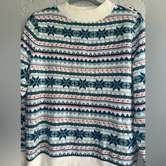 Talbots Teal and Ivory Patterned Mock Neck Sweater - Picture 9 of 11